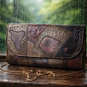 Vtg Varon Patchwork Exotic Leather Bag Clutch Ostrich Lizard Brown Gold Chain